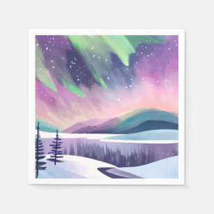 Servilleta De Papel Aurora boreal Noche de invierno colorida Acuarel