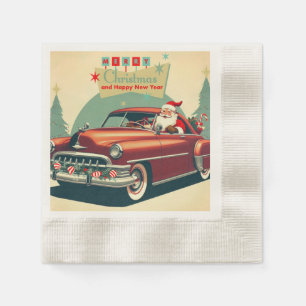 Servilleta De Papel Auto rojo vintage y Santa