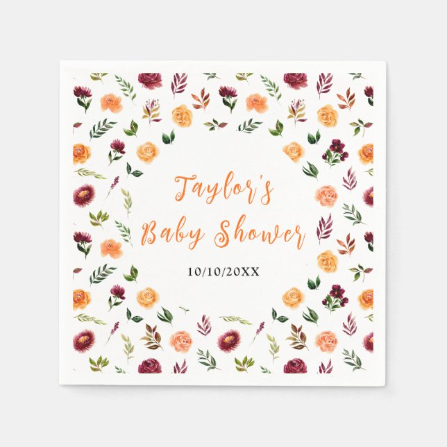 Servilleta De Papel Autumn Burgundy and Orange Floral Baby Shower (Anverso)