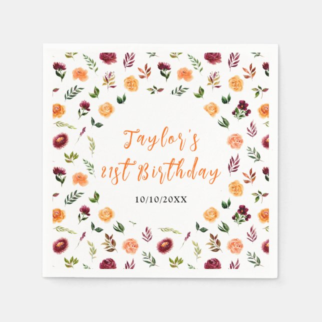 Servilleta De Papel Autumn Burgundy and Orange Floral Birthday (Anverso)