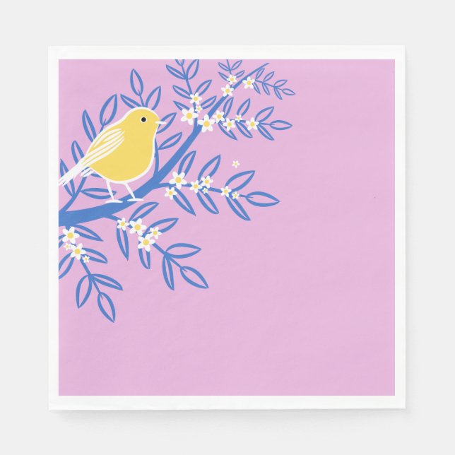 Servilleta De Papel Ave amarilla ilustrada en un fondo rosado (Anverso)