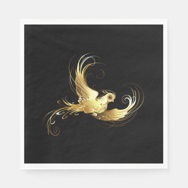 Servilleta De Papel Ave dorada sobre fondo negro (Anverso)
