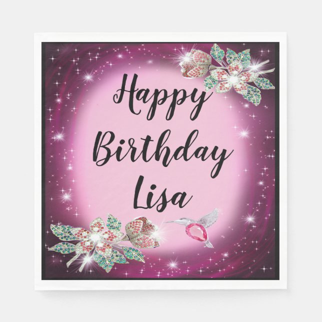 Servilleta De Papel Ave floral de guijarros rosados Cumpleaños (Anverso)