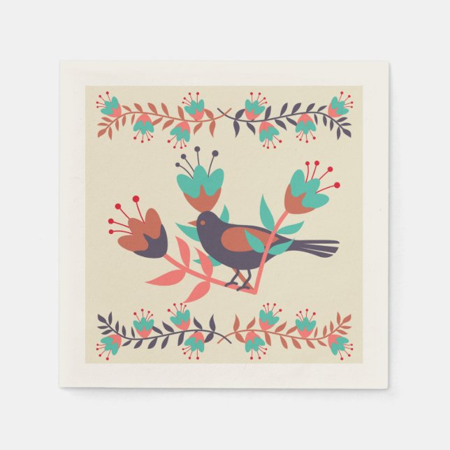 Servilleta De Papel Ave y arte folclórico floral (Anverso)