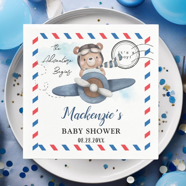Servilleta De Papel Aventura con avión de oso lindo comienza Baby Show (cute bear riding a blue plane postcard style postmark adventure begins baby shower birthday napkins)