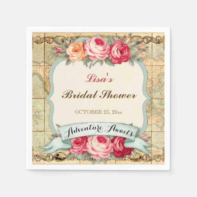 Servilleta De Papel Aventura espera a los Rosas del Mapa Mundial Vinta (Anverso)