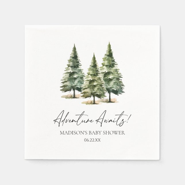 Servilleta De Papel ¡Aventura espera! Baby Shower de Winter Pine Trees (Anverso)