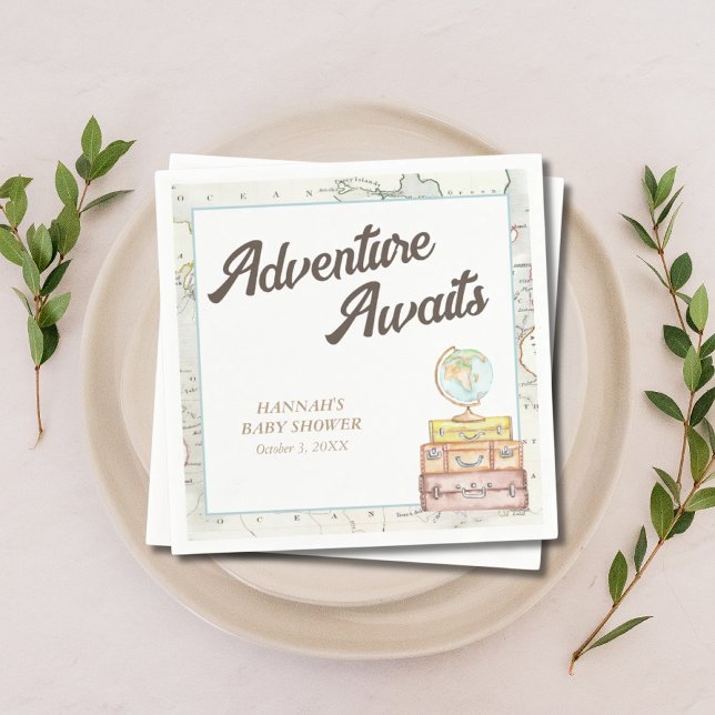 Servilleta De Papel Aventura personalizada espera a las servilletas Ba (Personalized Adventure Awaits Baby Shower Napkins)