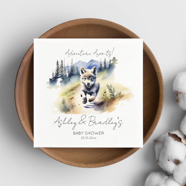 Servilleta De Papel Aventura temática de lobo espera la vajilla de la  (Wolf themed baby shower tableware watercolor cute wolf cub adventure waits personalized napkins)