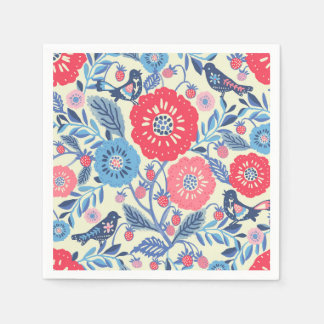 Servilleta De Papel Aves De Arte Popular Fresa Y Flores