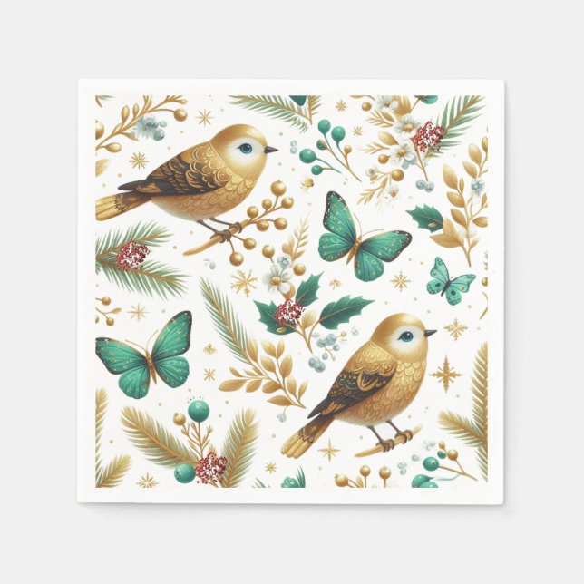 Servilleta De Papel Aves doradas y mariposas esmeraldas festividades (Anverso)