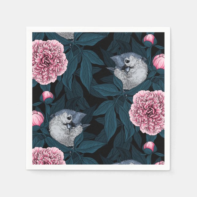 Servilleta De Papel Aves y flores de peón rosadas con hojas (Anverso)