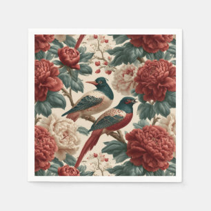 Servilleta De Papel Aves y flores de peonía rojas Vintage Chinoiserie
