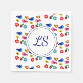 Servilleta De Papel Aves y flores patrón primavera blanco