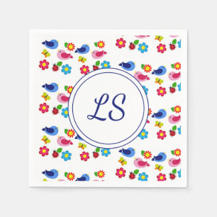 Servilleta De Papel Aves y flores patrón primavera blanco