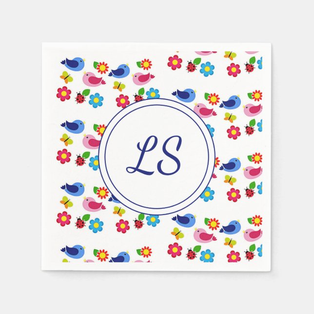 Servilleta De Papel Aves y flores patrón primavera blanco (Anverso)