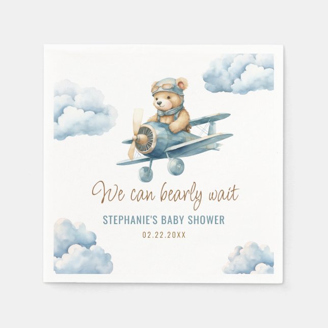 Servilleta De Papel Avión Cute Bear Blue Boy Baby Shower (Anverso)