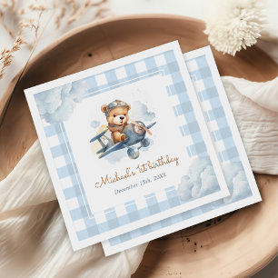 Servilleta De Papel Avión Teddy Bear Blue Primer cumpleaños