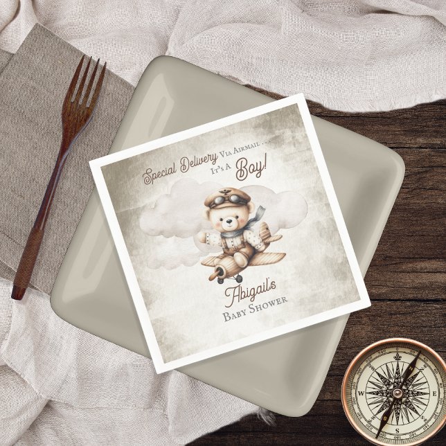 Servilleta De Papel Avión Teddy Bear entrega especial Baby Shower (Cute "Special Delivery Via Airmail . . . It's A Boy!" Teddy Bear Airplane Baby Shower Paper Napkins)