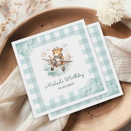 Servilleta De Papel Avión Teddy Bear Pastel Gingham Primer Cumpleaños