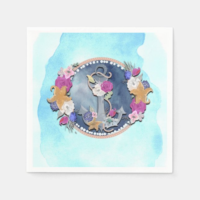 Servilleta De Papel Azul acuarela Anclaje floral nauético moderno (Anverso)