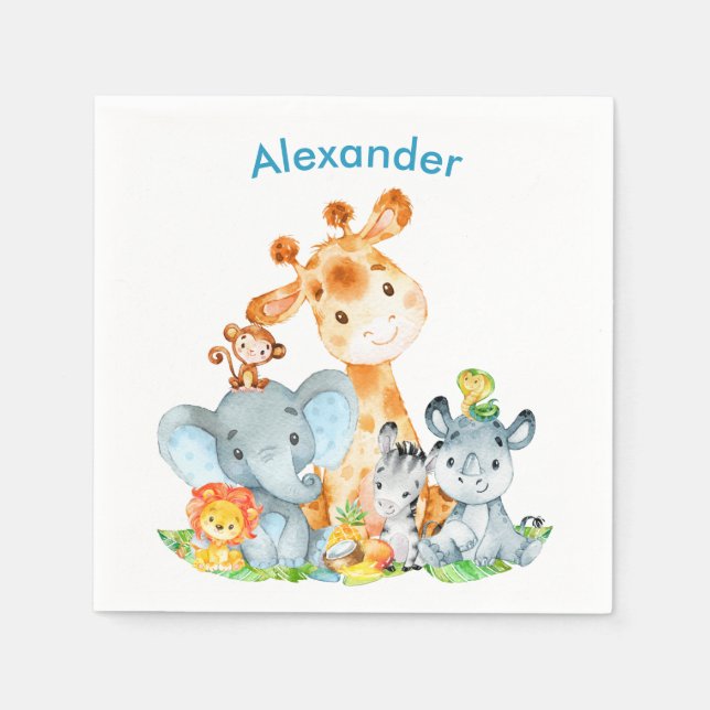 Servilleta De Papel Azul acuarela Cute Safari Jungle Animales (Anverso)