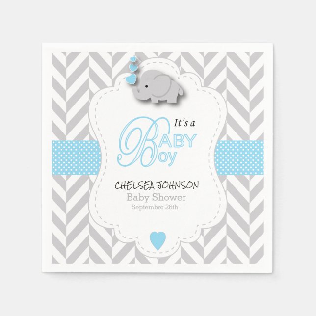Servilleta De Papel Azul bebé, Baby Shower de Elefante Gris Blanco (Anverso)