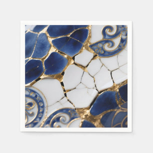 Servilleta De Papel Azul Blanco Oro Kintsugi Porcelana Mosaico