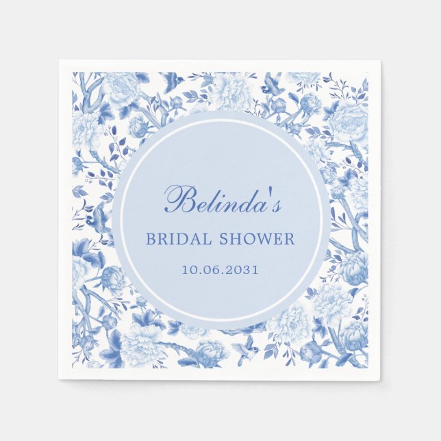 Servilleta De Papel Azul Chinoiserie Floral Birds Bridal Shower (Anverso)