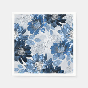 Servilleta De Papel Azul claro, flores azul oscuro sobre gris claro