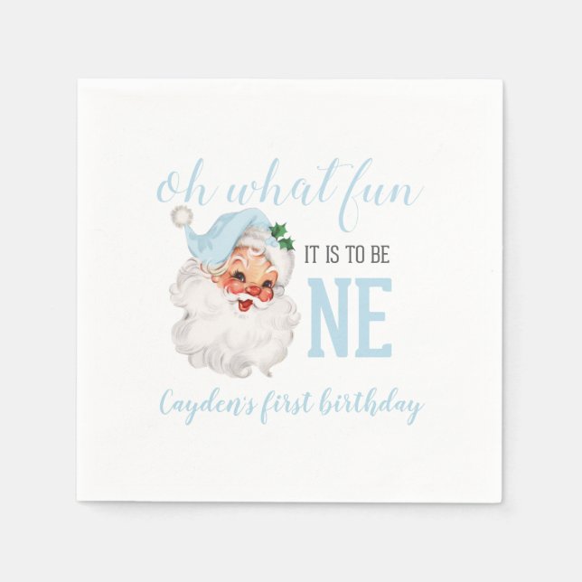 Servilleta De Papel Azul de Navidad Santa Primer Cumpleaños (Anverso)