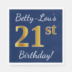 Servilleta De Papel Azul, Faux Gold 21st Birthday + Nombre personaliza
