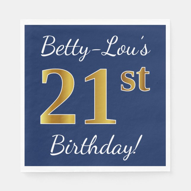 Servilleta De Papel Azul, Faux Gold 21st Birthday + Nombre personaliza (Anverso)