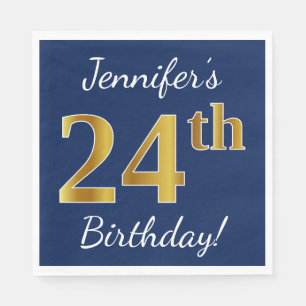 Servilleta De Papel Azul, Faux Gold 24th Birthday + Nombre personaliza