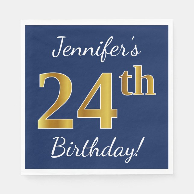 Servilleta De Papel Azul, Faux Gold 24th Birthday + Nombre personaliza (Anverso)