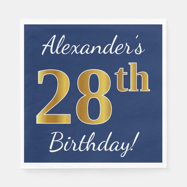 Servilleta De Papel Azul, Faux Gold 28th Birthday + Nombre personaliza (Anverso)
