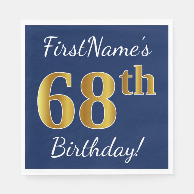 Servilleta De Papel Azul, Faux Gold 68th Birthday + Nombre personaliza (Anverso)