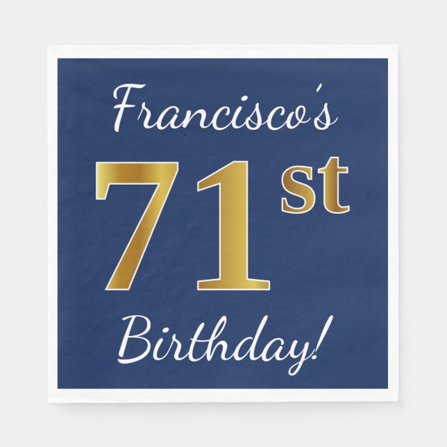 Servilleta De Papel Azul, Faux Gold 71st Birthday + Nombre personaliza (Anverso)