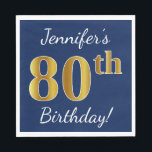 Servilleta De Papel Azul, Faux Gold 80th Birthday   Nombre personaliza<br><div class="desc">Este sencillo diseño de servilletas de papel muestra un mensaje como "¡El 80 cumpleaños de Jennifer!", con el "80" en apariencia de oro falso, sobre un fondo de color azul. El nombre se puede personalizar. Se podría usar en una fiesta de cumpleaños para alguien que esté celebrando su ochenta cumpleaños....</div>