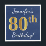 Servilleta De Papel Azul, Faux Gold 80th Birthday   Nombre personaliza<br><div class="desc">Este sencillo diseño de servilletas de papel muestra un mensaje como "¡El 80 cumpleaños de Jennifer!", con el "80" en apariencia de oro falso, sobre un fondo de color azul. El nombre se puede personalizar. Se podría usar en una fiesta de cumpleaños para alguien que esté celebrando su ochenta cumpleaños....</div>