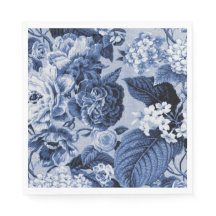 Azul Índigo Vintage Floral Dahlias Hortensias