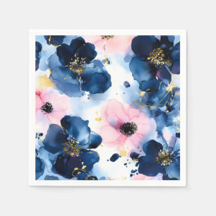 Servilleta De Papel Azul Marino Rosado Dorado Floral Acuarela