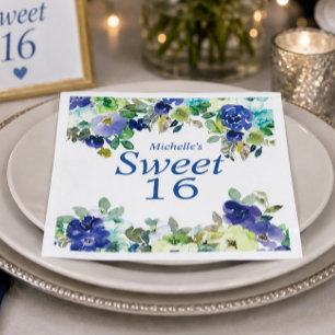Servilleta De Papel Azul Marino Verde Salvia Floral Dulces 16 Cumpleañ