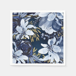 Servilleta De Papel Azul Marino y Dorado Floral Acuarela Moderna Elega