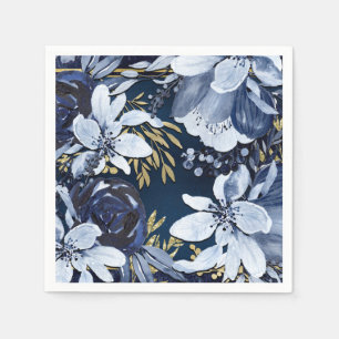 Servilleta De Papel Azul Marino y Dorado Floral Acuarela Moderna Elega