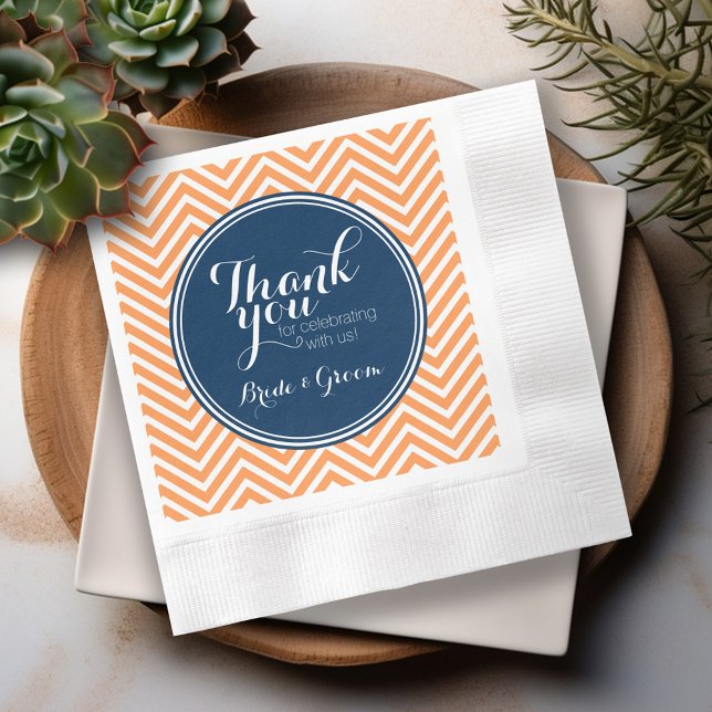 Servilleta De Papel Azul marino y naranja - Boda agradecida novia novi (Personalized Wedding Thank You Napkins)