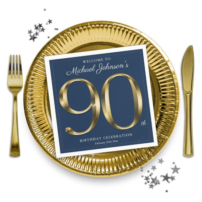 Servilleta De Papel Azul marino y oro Elegante 90 cumpleaños (Navy Blue and Gold Elegant 90th Birthday Napkins)