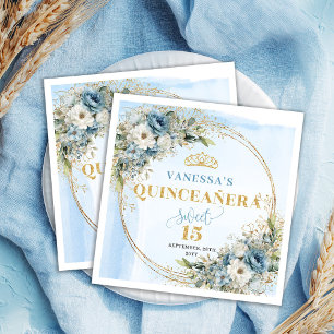 Servilleta De Papel Azul Pastel Boho Floral Dorado Brillante Cumpleaño