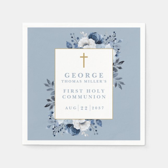 Servilleta De Papel Azul Polvoriento Boho Floral Primera Comunión (Anverso)