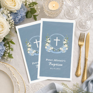 Servilleta De Papel Azul Polvoriento Cruz Blanca Floral Cresta Bautizo